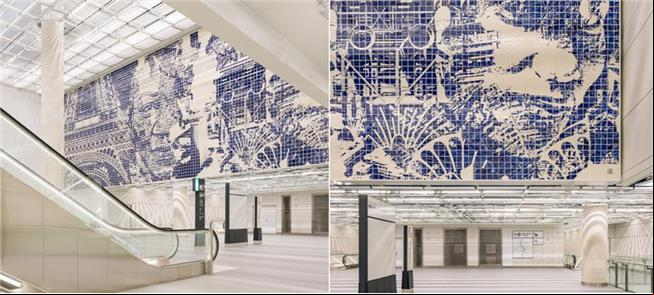 Mural gigante, visto por dois ângulos, no metrô de