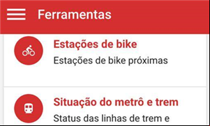 Tela mostra opções de transportes públicos