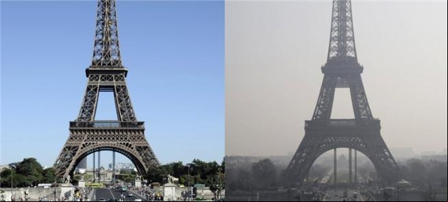 Torre Eiffel em duas fotos da AFP: março de 2012 (