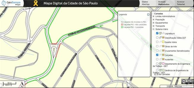 Trecho do mapa digital com destaque para as calçad
